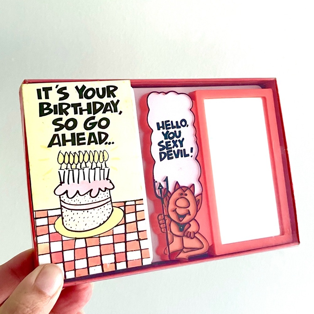 Vintage 70’s sexy devil mirror birthday greeting card gift set NIB NWT
